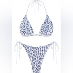 NWOT‎ Milumia Women's White & Blue Geometric Mesh Pattern Bikini Size L